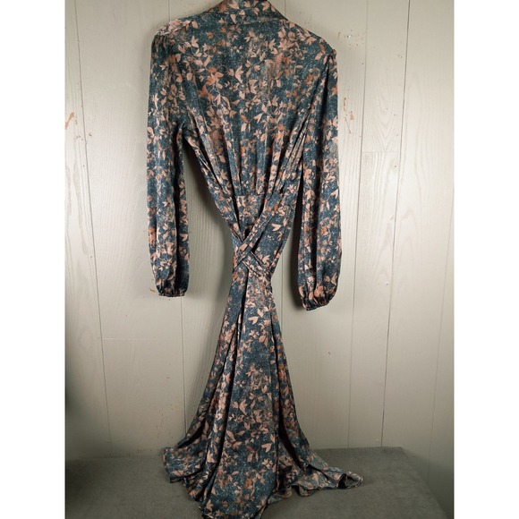 NWT Green & Copper Wrap Midi Maxi Dress ‎ Medium Puff Sleeve Boho Hi Low Floral - Picture 3 of 13
